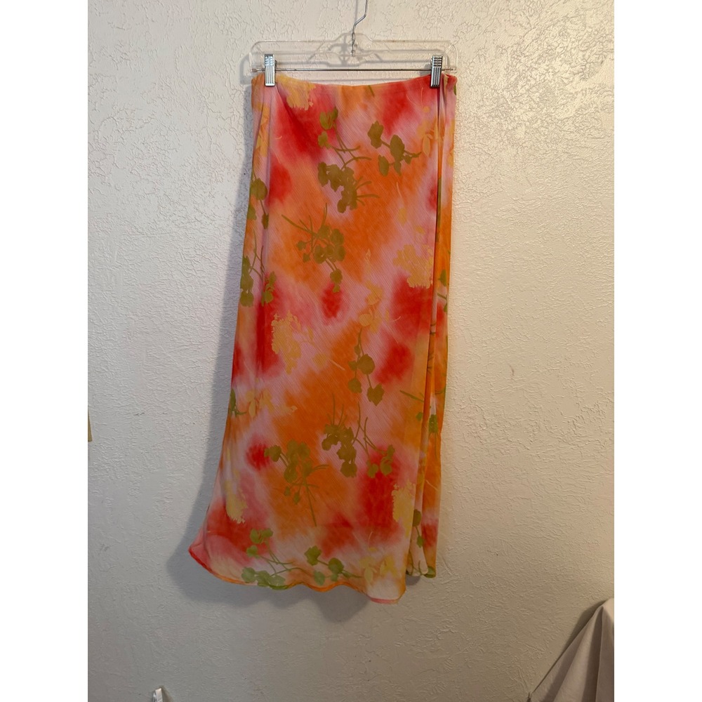 Cato Women Orange Pink Floral Watercolor Maxi Skirt Size M Elastic Waist Lined